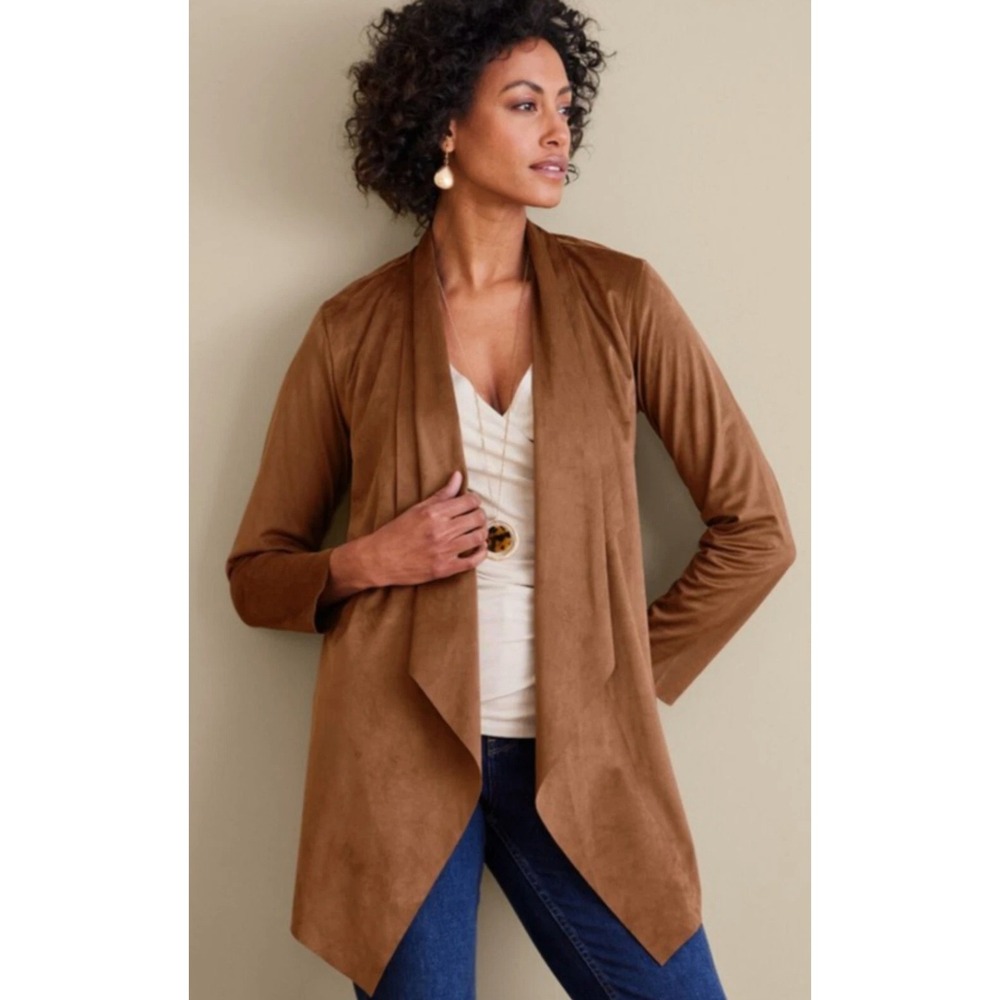 Soft Surroundings Shape Drape Faux Suede Cardigan Open Front Brown Size Small